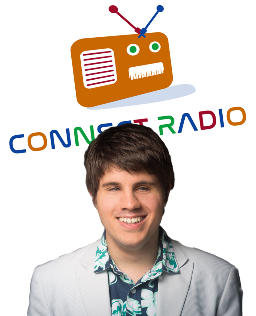 Auf dem Bild sieht man Robert, im HIntergrund das Connect Radio Logo